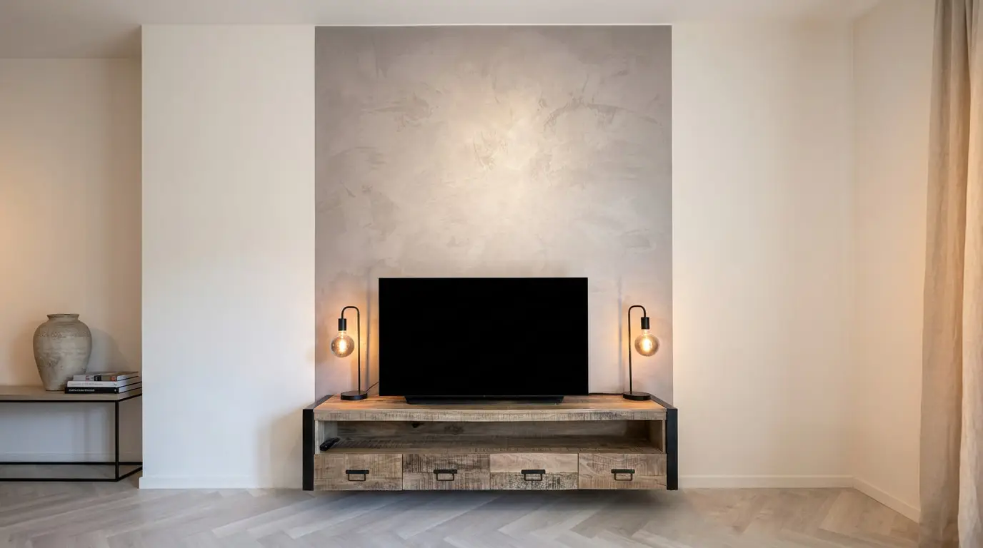 Metallic wandafwerking in parelgrijs — handgezette accentwand achter tv — STARTSTUC Metallic Collectie