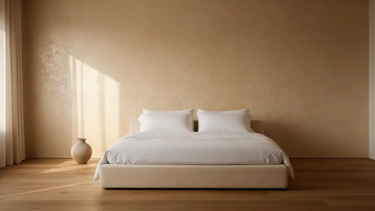 Slaapkamer met champagne-parelmoer mat-metallic wand achter laag bed met wit linnen beddengoed