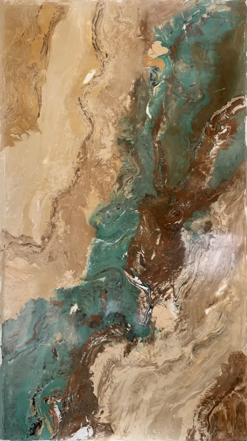 Volledig handgemaakt marmerpaneel in turquoise, brons en zand met vloeiende aderloop