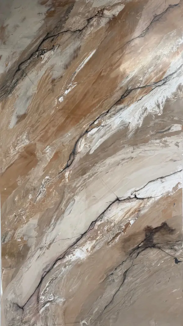 Atelierstudie warm mineraal marmerbeeld met camel en roomwitte velden