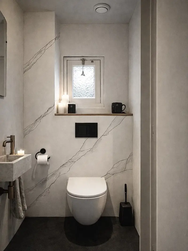 Witte marmerimitatie met diagonale handgezette aders in een toiletruimte