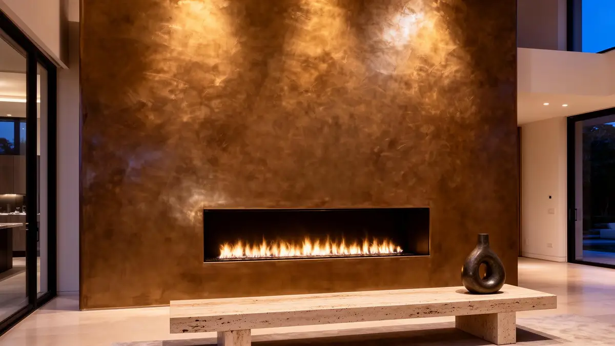 Vol-hoge bronzen metallic haardwand met lineaire gashaard en travertijn bank