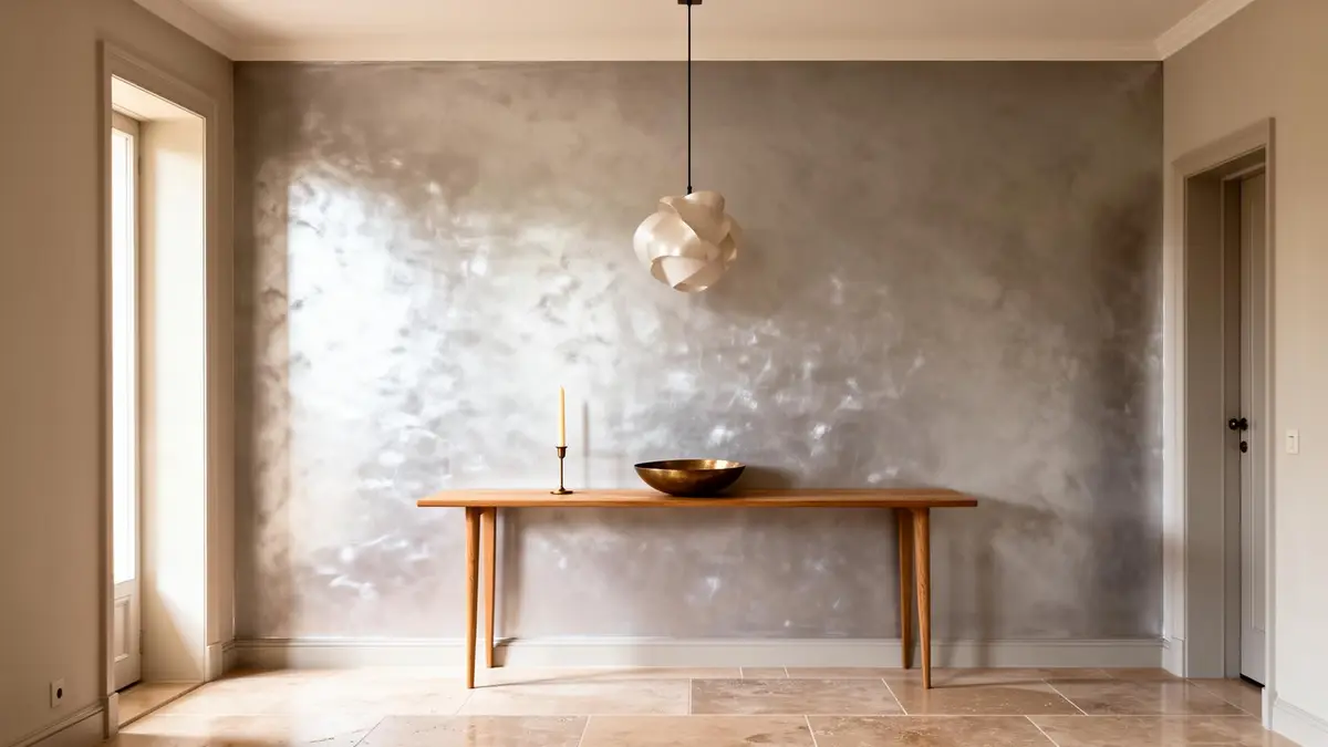 Entreehal met parelgrijze metallic accentwand achter een eikenhouten console
