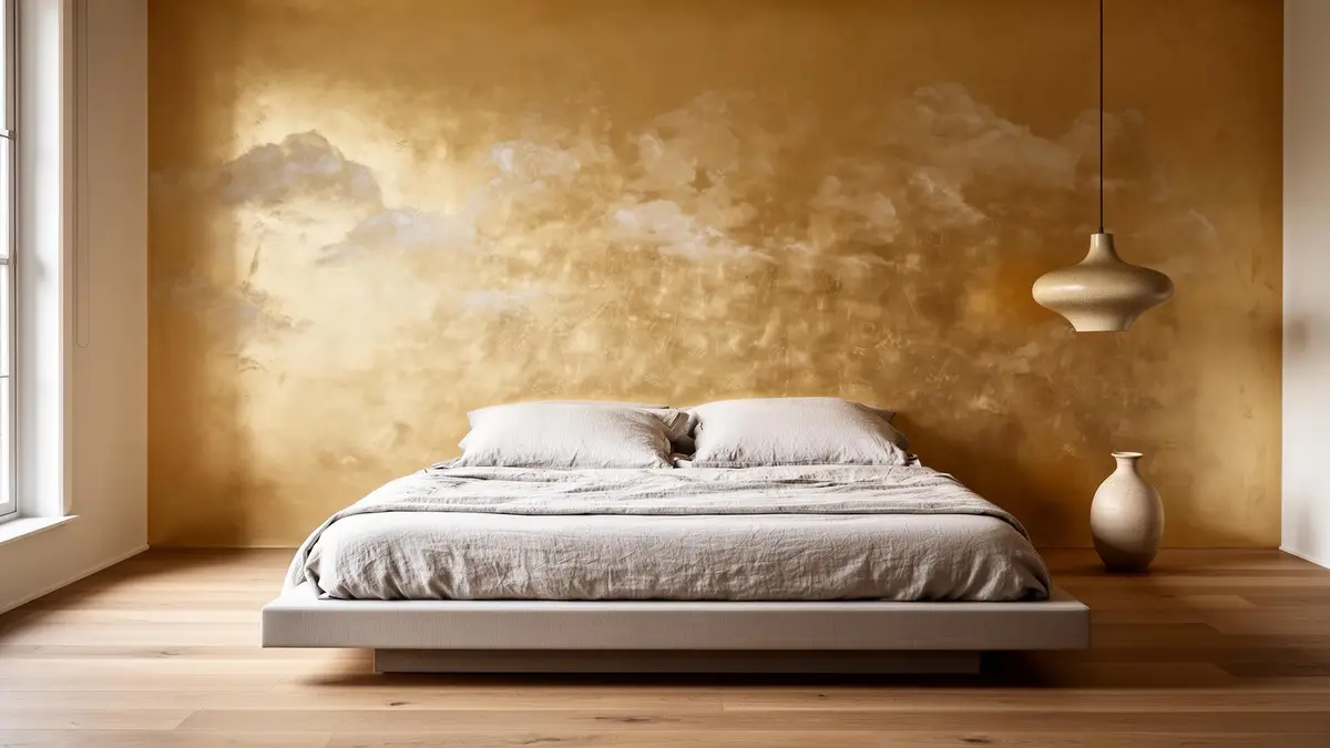 Slaapkamerwand in warme goud-champagne metallic stuc achter een laag platformbed